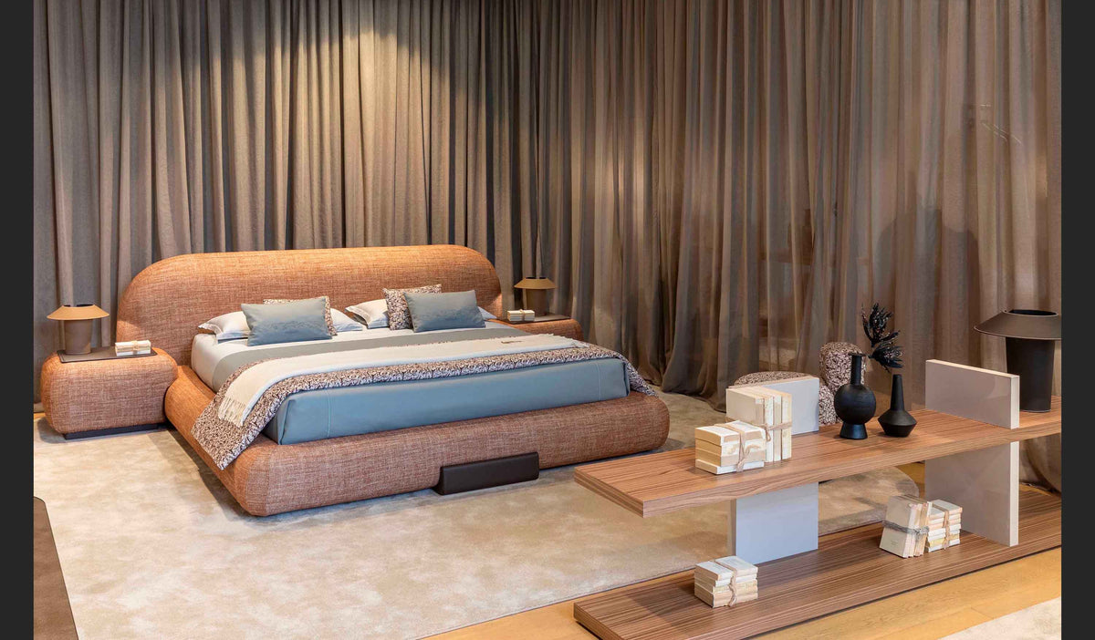 Trussardi Casa - Comfy bed with bedside tables and tv bookshelf set up