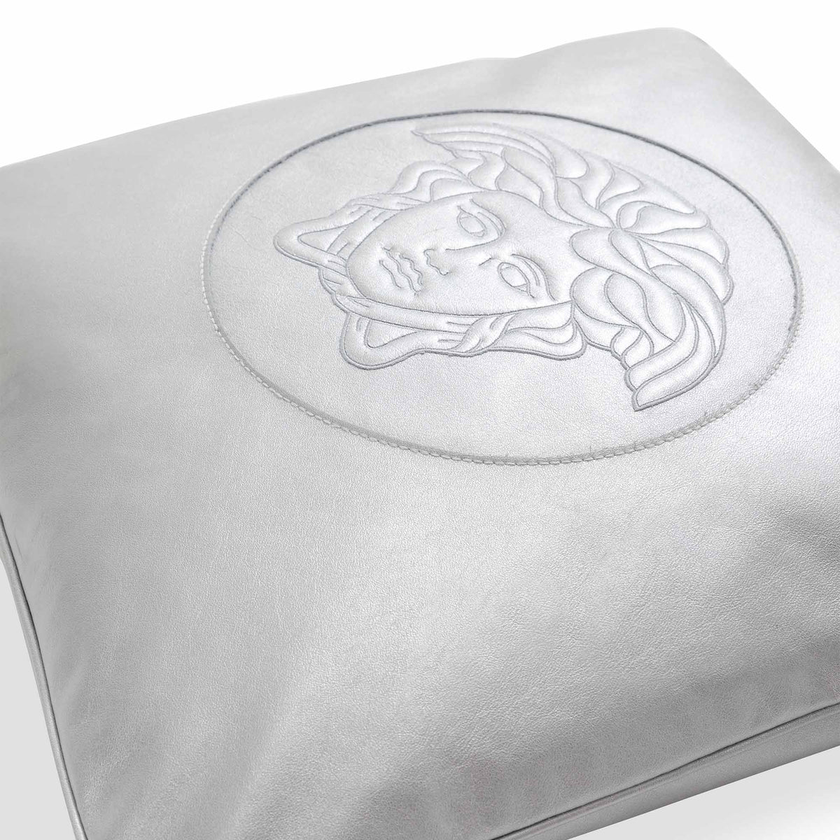 Silver pillow with logo by Versace Home_Detail image